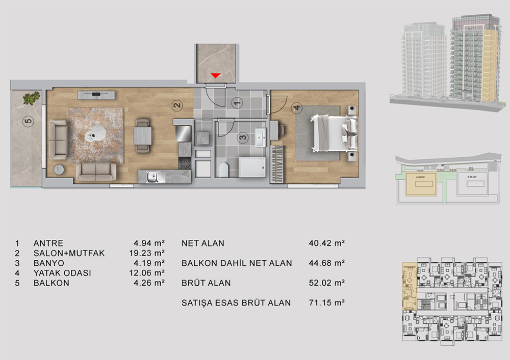 Tip 2 (1+1 Kapalı Mutfaklı)